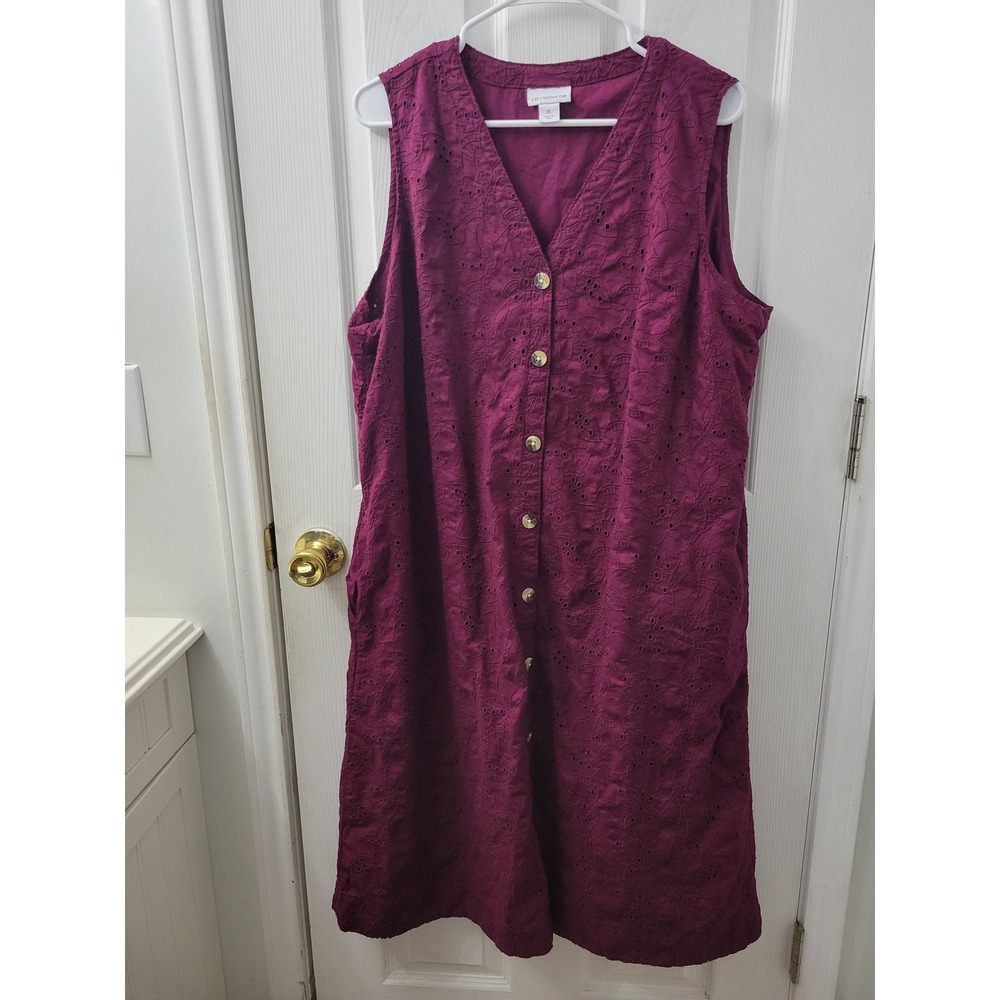 Liz Claiborne Wild Cherry Eyelet Cotton Button Front Midi Dress Pockets XL - Picture 1 of 12